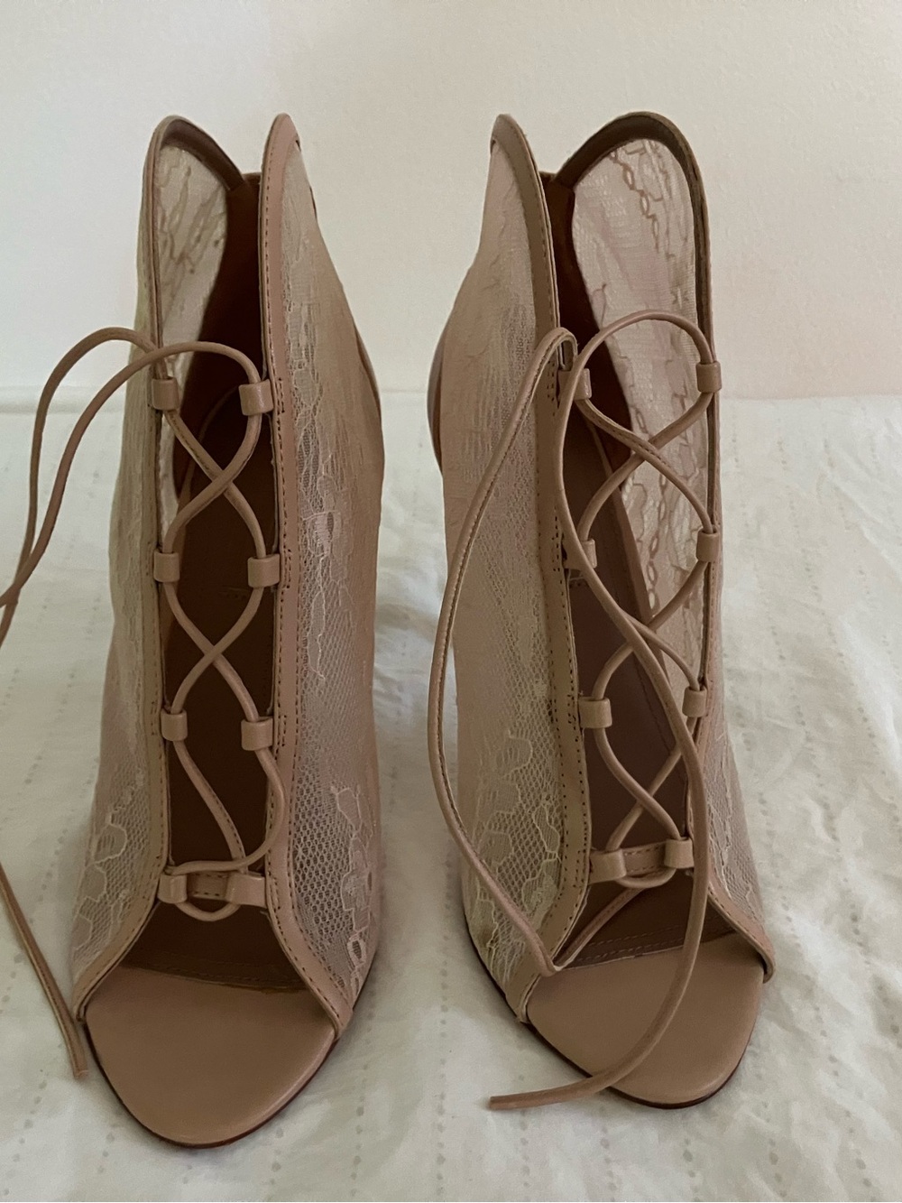 BCBGMaxAzria Lace-Up Peep Toe Heels in Nude Blush